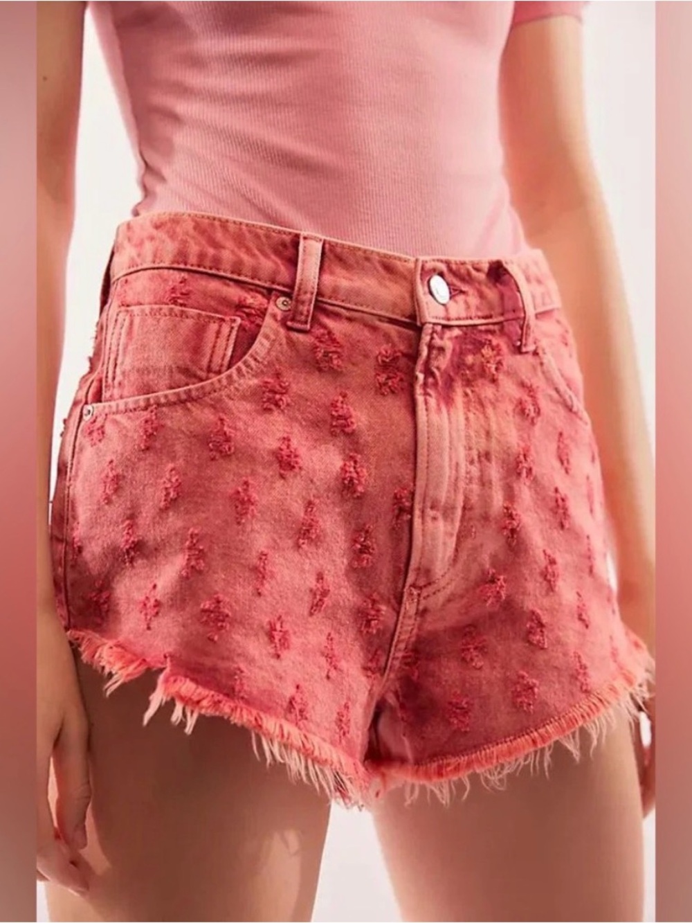 We The Free Mixed Emotions Hi Low Distressed Denim Dragon Fruit Shorts Size 25